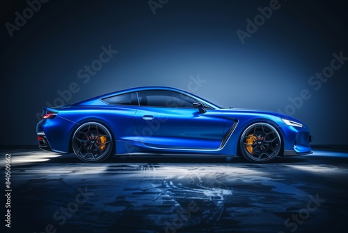 A blue sports car with sleek design and yellow brake calipers  showcased in a dark studio setting.