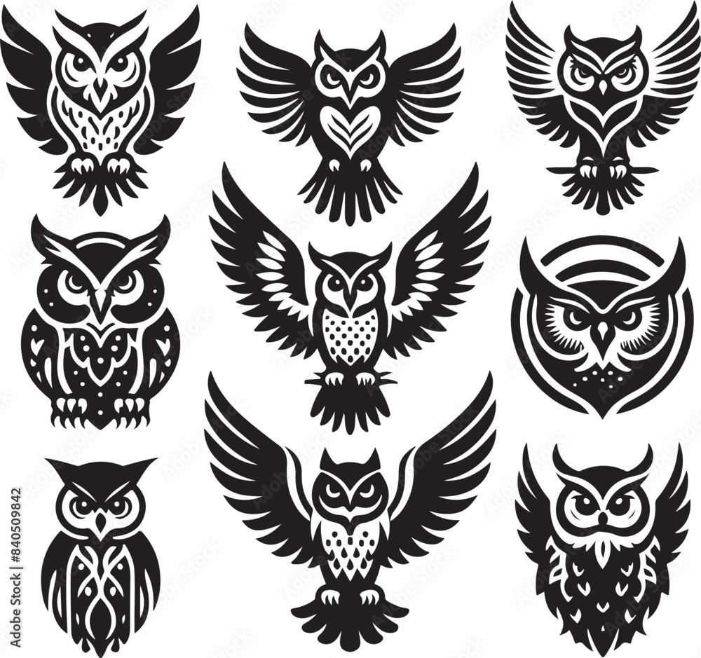 set of owls silhouettes vector illustration set of owls silhouettes vector illustration