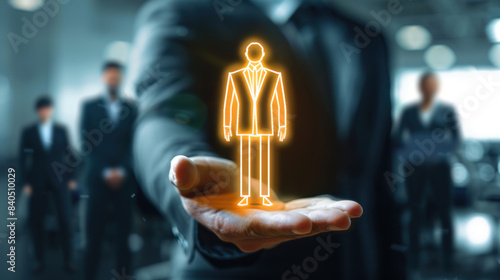 Businessman hand holding icon of man on blurred office background, leadership concept. Modern connection of business and technology for professional success in the corporate world.