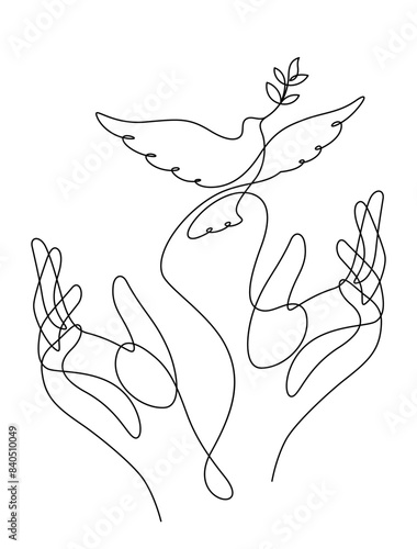 white dove with olive branch and caring hands one line drawing