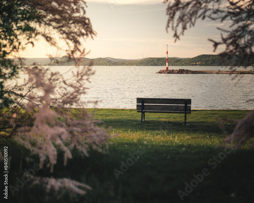 View on lake Balaton in spring with bench
