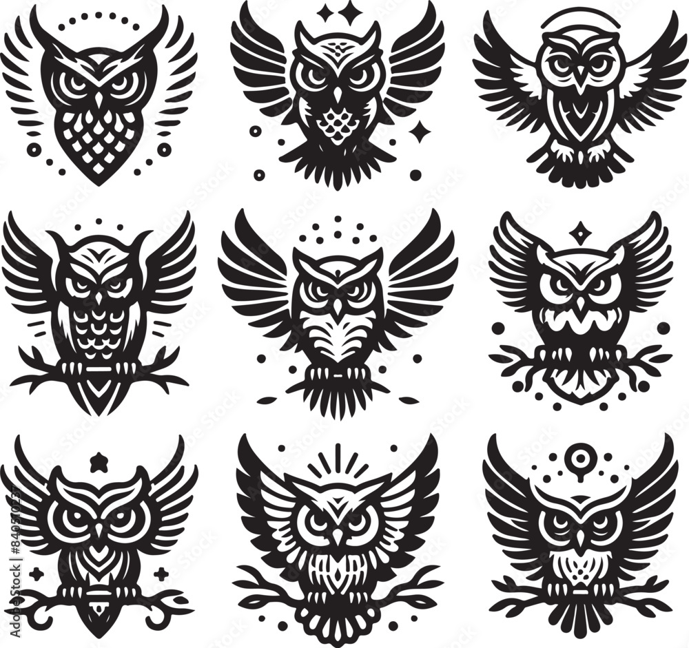 Obraz premium set of owls silhouettes vector illustration 