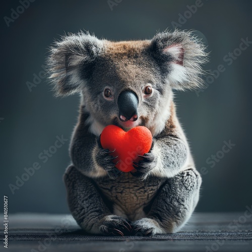 Cute Koala with Red Heart: Endearing Animal Portrait with Emotional Touch