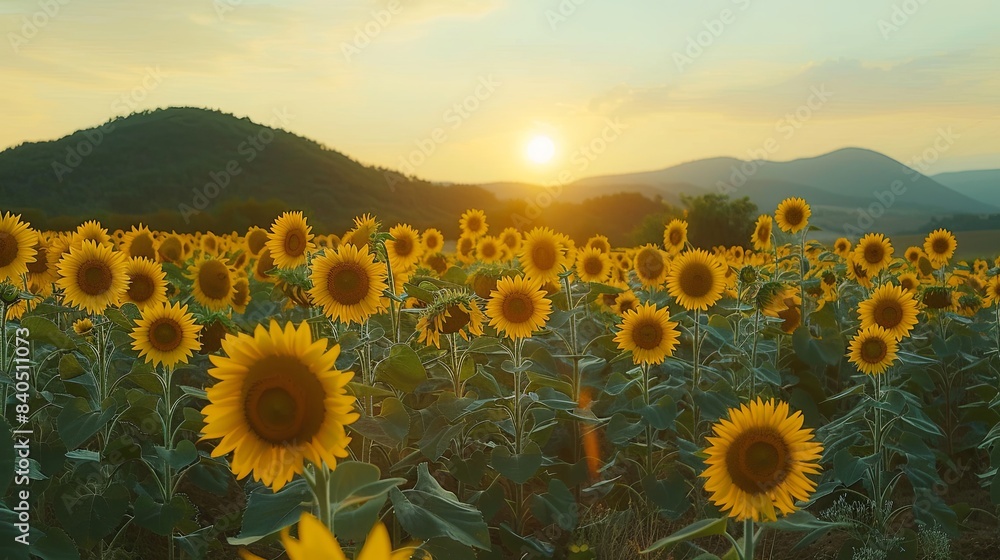 Fototapeta premium Panorama landscape of sunflowers blooming in the field., Beautiful scene of agriculture farming on mountain range background at sunset., Plantation of crop organic farm and countryside traveling