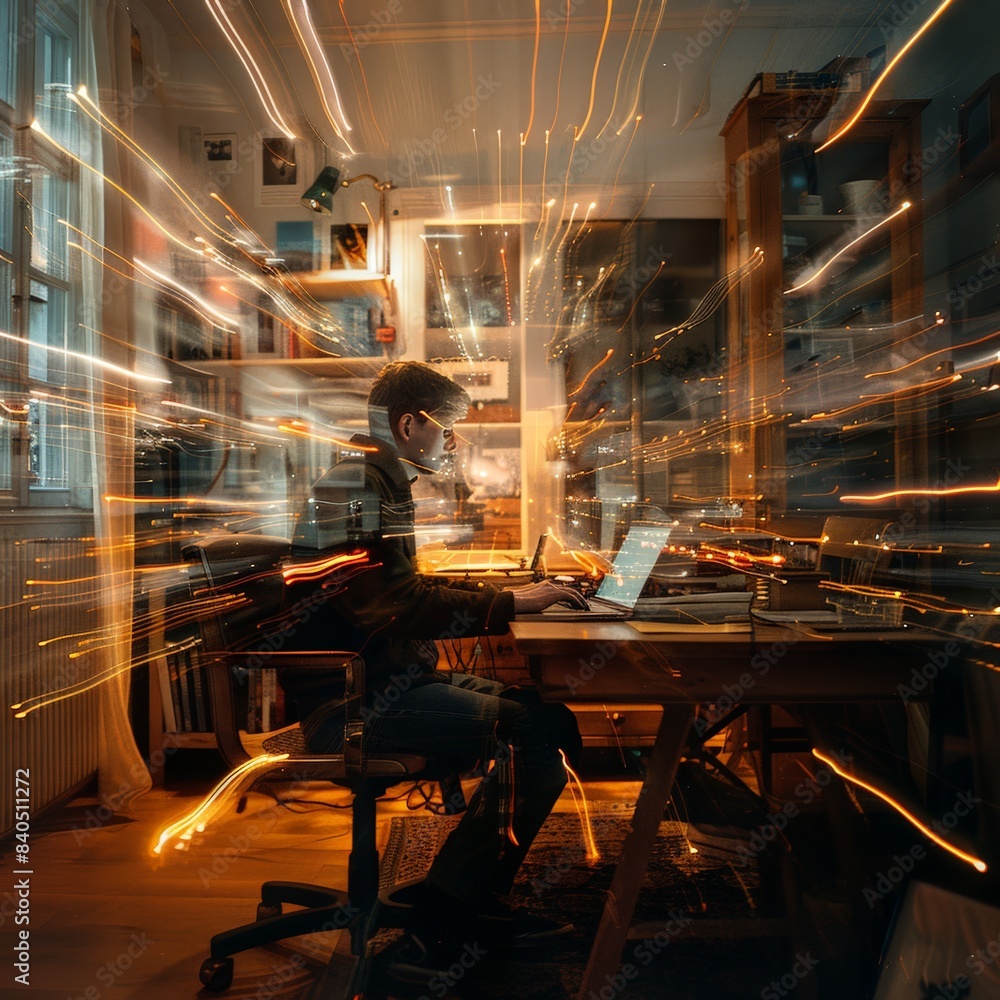 Man Working Intensely on Laptop in Art Studio