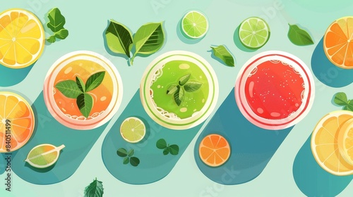 Vibrant illustration of refreshing drinks and citrus fruits  featuring lemons  limes  and a summer theme on a blue background.