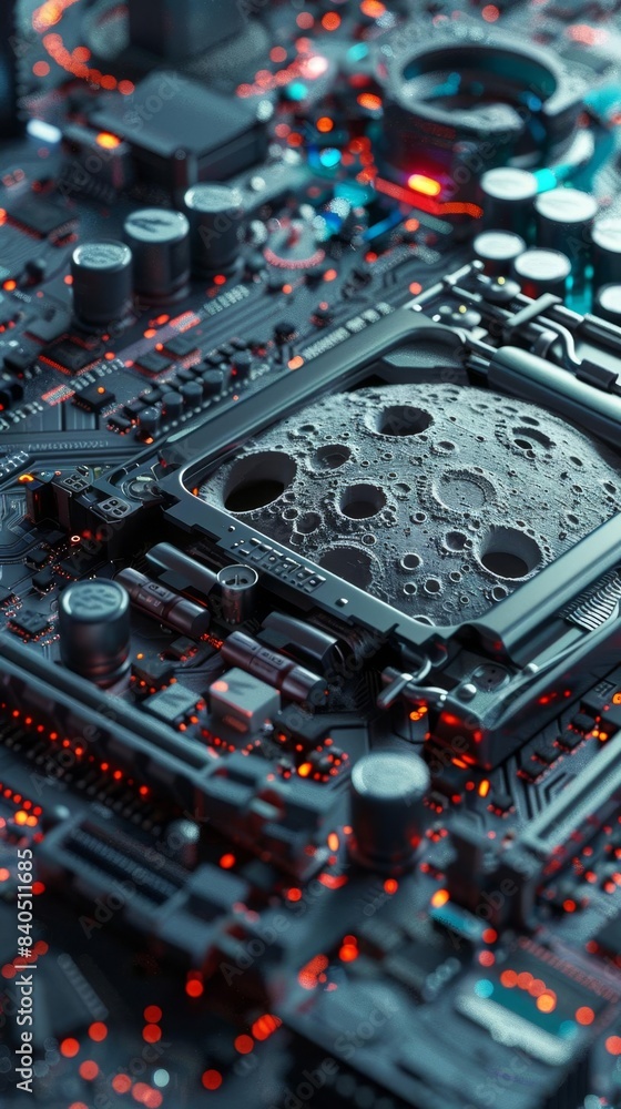 Fototapeta premium Graphic of 3D model of futuristic technology data graph on an electronic mainboard on the lunar surface