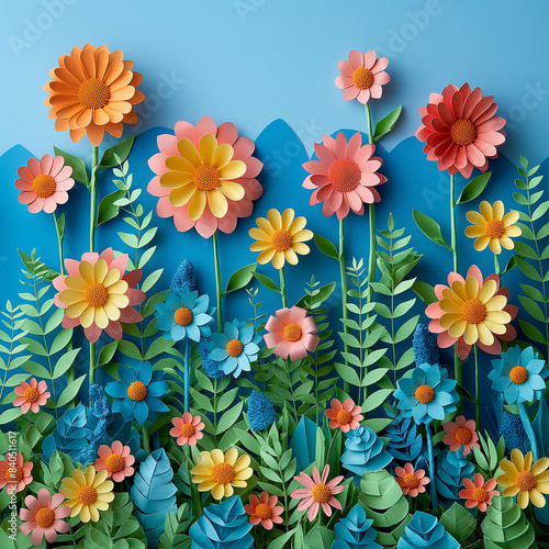 A colorful paper flower garden with a blue sky background