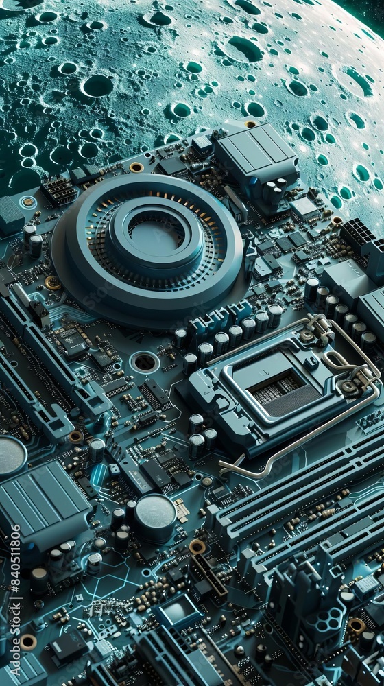 Fototapeta premium Graphic of 3D model of futuristic technology data graph on an electronic mainboard on the lunar surface