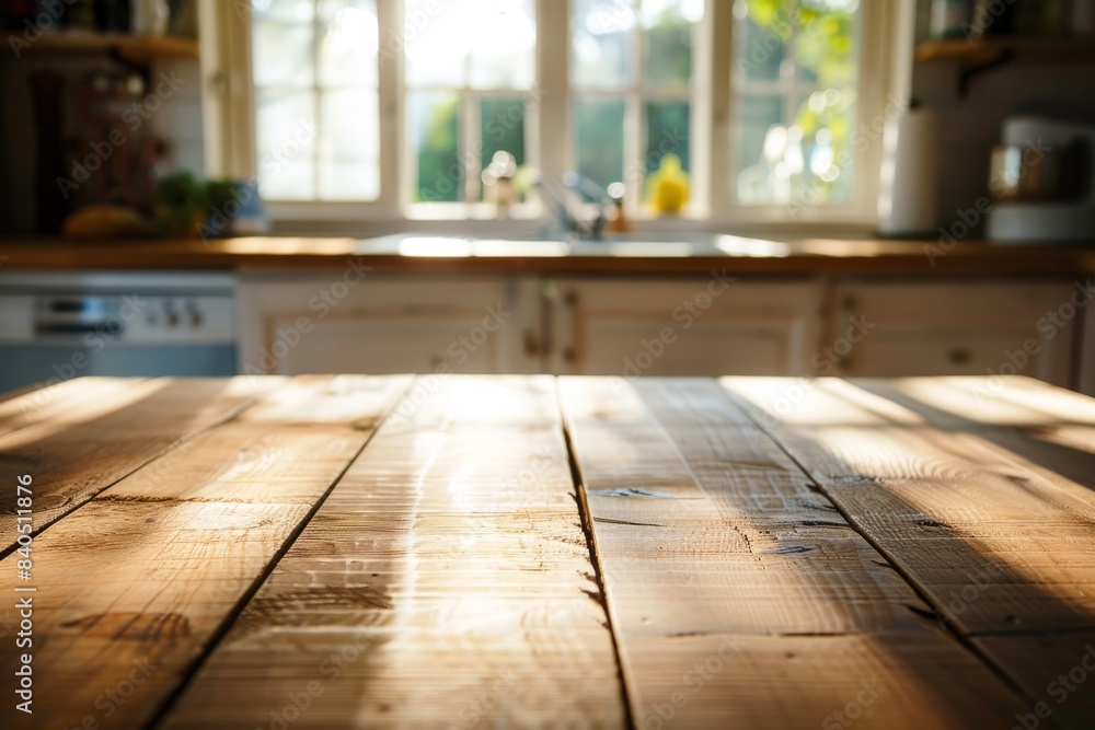 Close up of an empty wooden table in the foreground, blurred kitchen with white cabinets and wood countertop in the background, warm light from the window Close up of an empty wooden table in the foreground, blurred kitchen with white cabinets and wood countertop in the background, warm light from the window