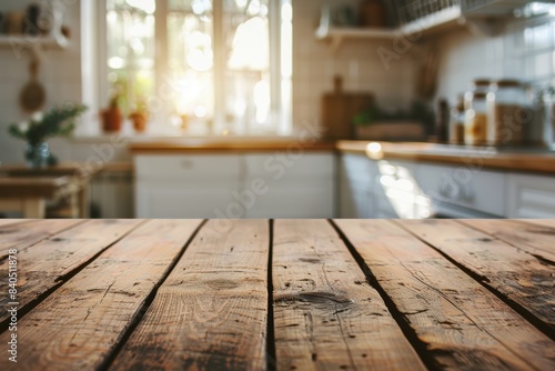 Close up of an empty wooden table in the foreground, blurred kitchen with white cabinets and wood countertop in the background, warm light from the window