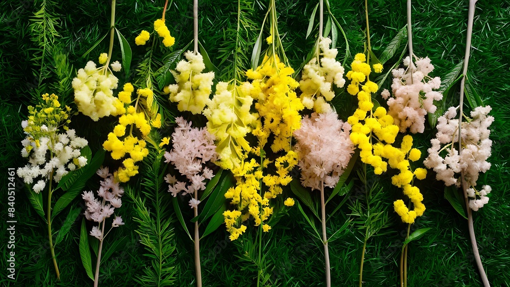 Obraz premium Beautiful floral composition with mimosa flowers on green background flat lay