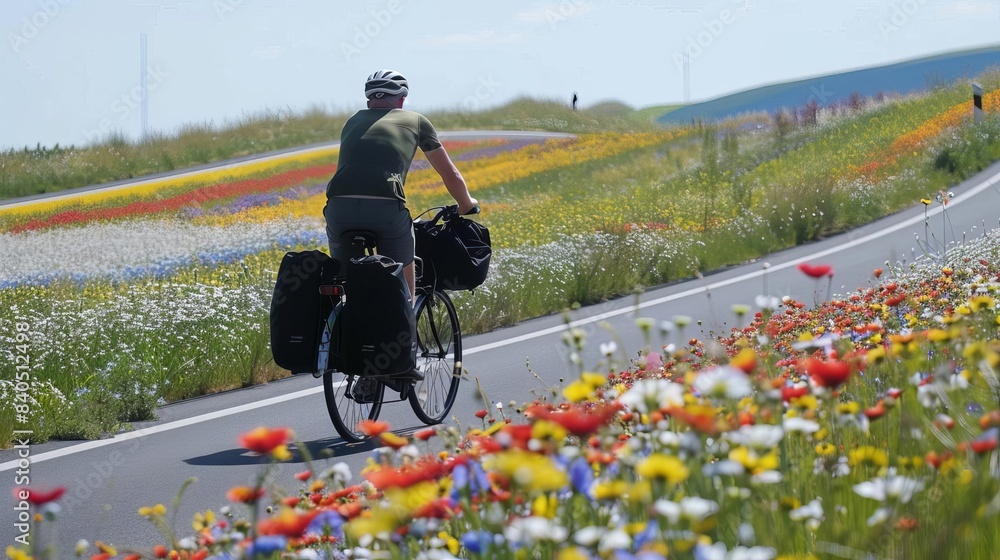 Obraz premium A man riding a bicycle on a road surrounded by fields of blooming flowers, representing a fresh start and new opportunities
