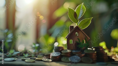 Wood house model with green leaves growing on a stacked pile of coins  Concept of the housing market  Property investment growth  and the upward trend in housing sales and prices.