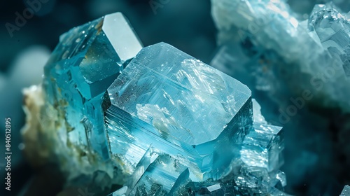 Blue Aquamarine Gemstone Crystal Cluster. Aquamarine is a semi-precious stone that is said to promote peace and tranquility. © Farm