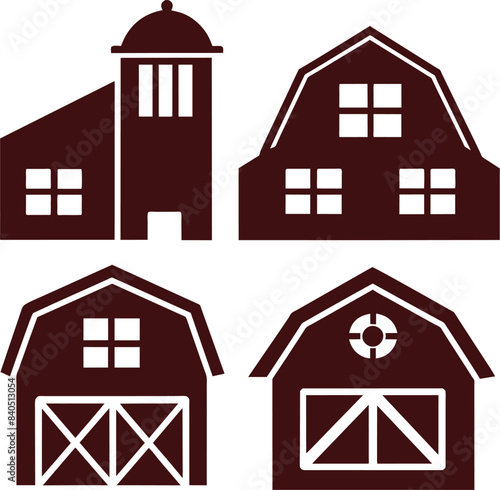 Farm building vector illustration set. Cartoon flat front view of village farmhouses collection with hay silo red barn, industry tower, chicken coop hen house, wind mill greenhouse isolated on white