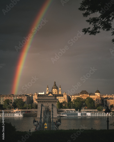Rainbow over the famous Chain Bridge in Budapest, Hungary