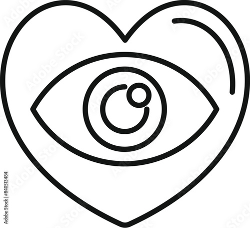Black and white line art of a stylized eye within a heart shape, representing love and vision