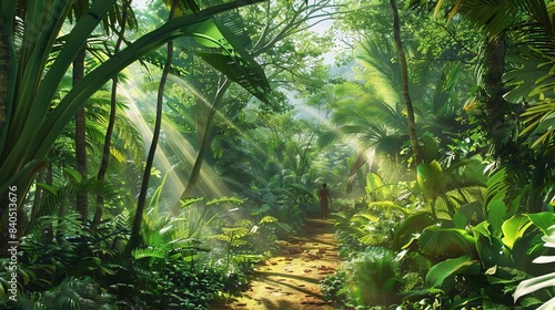 A person walking through a lush forest path  sunlight breaking through the trees  symbolizing a new journey and opportunities