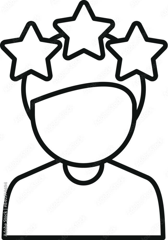 Line art icon representing a person and a three star rating above their head, indicating customer satisfaction Line art icon representing a person and a three star rating above their head, indicating customer satisfaction