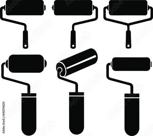 Set of Paint roller icon. Paint symbol. Brush, color, repaint, renovation, interior, work tool, art. Outline, flat and colored style. Flat design