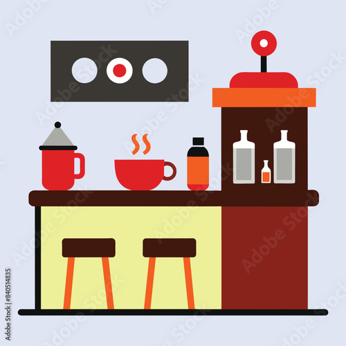 Empty cafe interior. Coffee shop with white bar counter, table and chairs. Flat design vector illustration, Coffee shop interior seller bakery taste sweets flat design vector illustration © Dhanushka