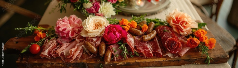 Vibrant charcuterie board with cured meats, colorful flowers, and greens, creating an artistic culinary display. Vibrant charcuterie board with cured meats, colorful flowers, and greens, creating an artistic culinary display.