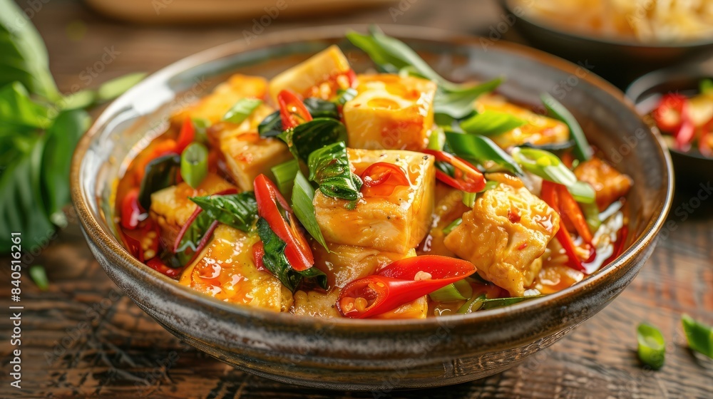 Delicious with sweet and sour flavor, featuring square pieces of acacia omelet, served in a bowl with vibrant ingredients Delicious with sweet and sour flavor, featuring square pieces of acacia omelet, served in a bowl with vibrant ingredients