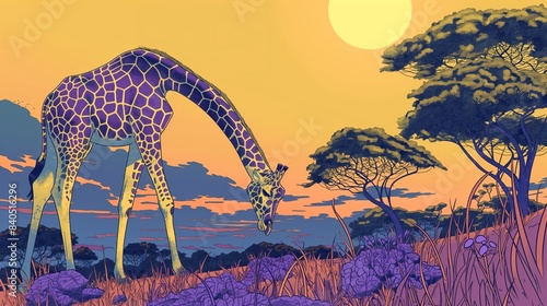 A vibrant giraffe in a colorful savanna landscape during a sunset with striking skies.