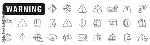 Set of warning related line icons. Alert, caution, danger, error, shield etc. Editable stroke