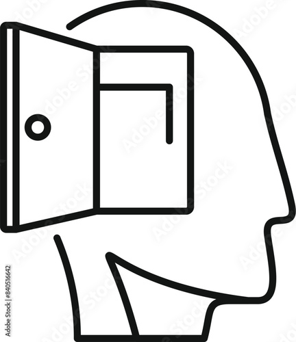 Line art vector design of a human head with an open door, symbolizing open mindedness