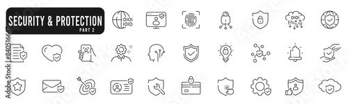 Set of protection and security related line icons. Safety, password, acces, lock, shield etc. Editable stroke