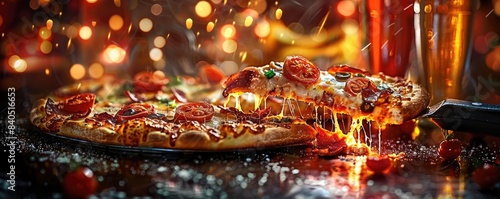 Delicious pepperoni pizza slice with melting cheese  taken in a festive atmosphere with drinks in the background.