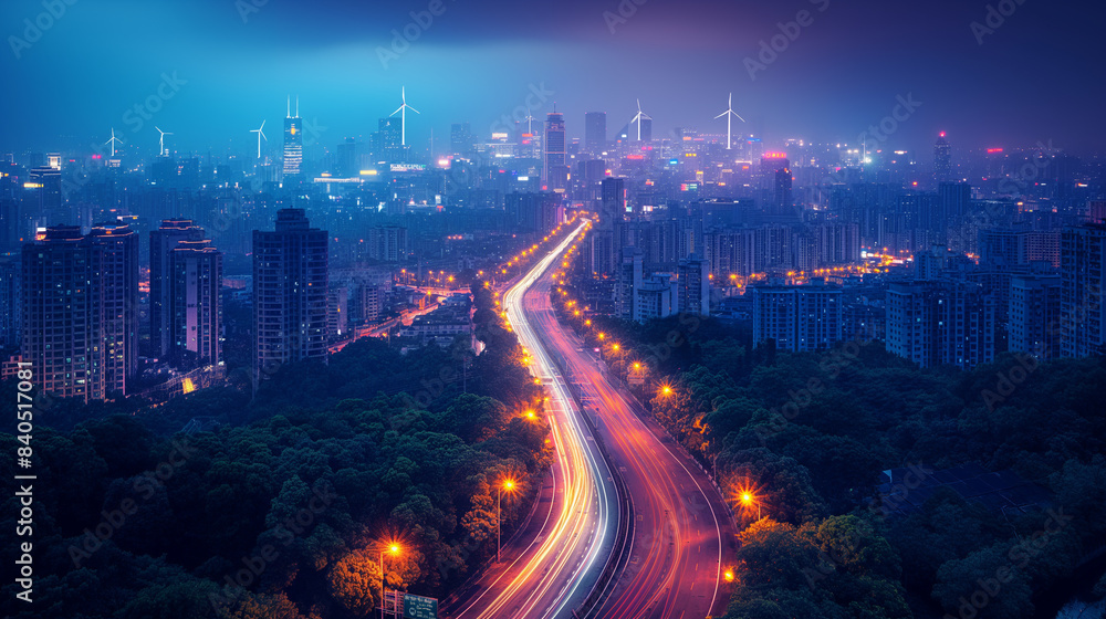A city at night with a long road with many lights A city at night with a long road with many lights