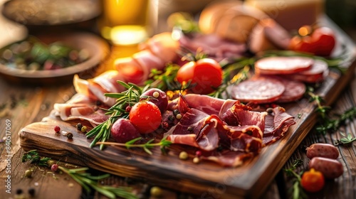 A delicious charcuterie board featuring cured meats, cherry tomatoes, and herbs, perfect for gourmet appetizers and culinary photography.
