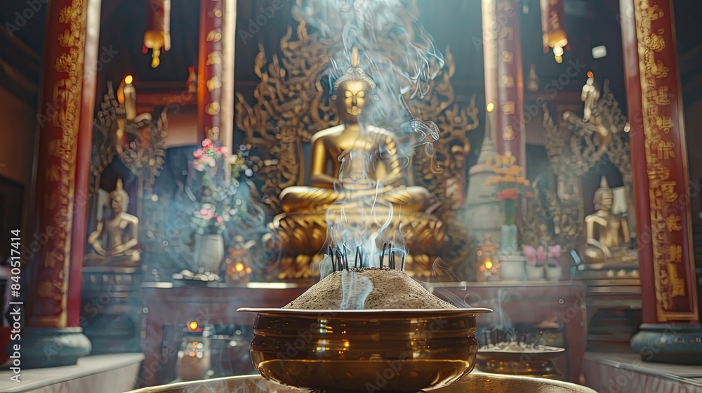 Fototapeta premium Graceful Thai Buddha statue in golden robe, young novice bowing, incense burner in front, symbol of enlightenment,