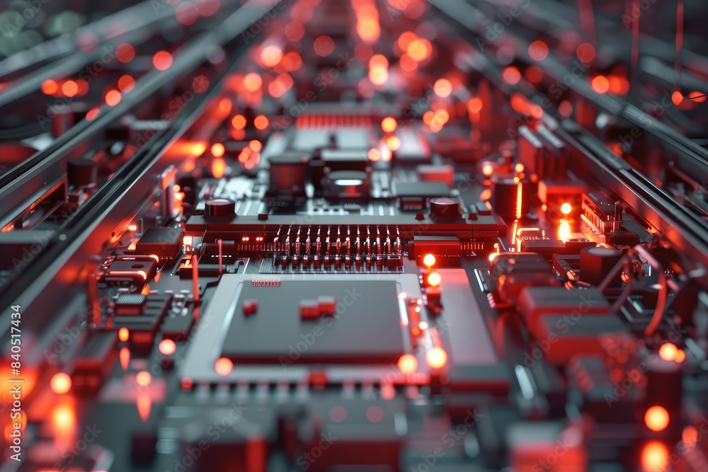 Top view of micro chips on a production line, computer engineering Top view of micro chips on a production line, computer engineering