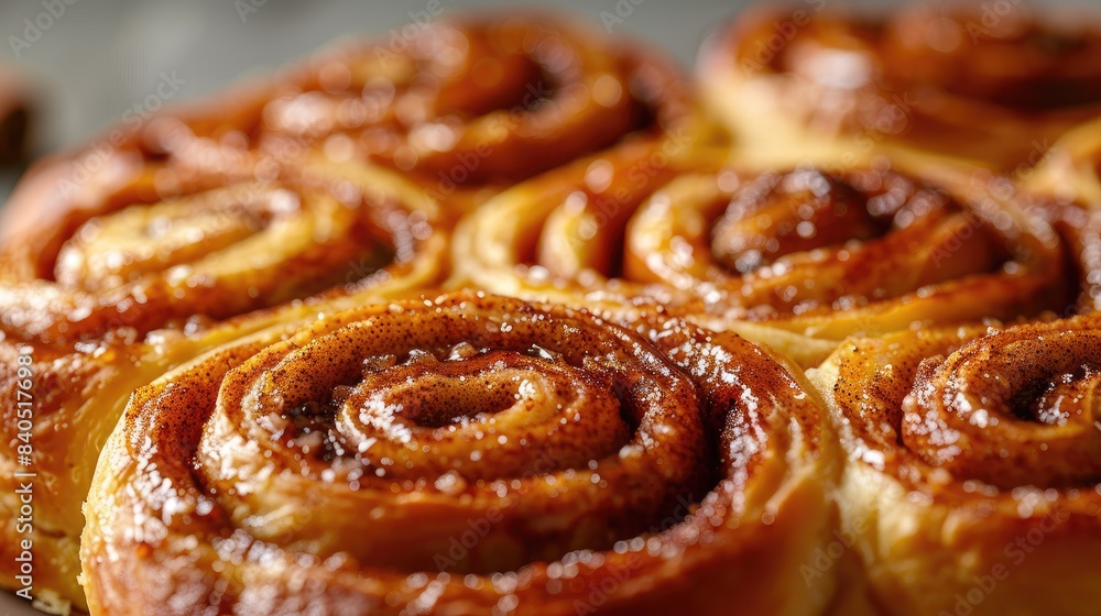 A mouthwatering close-up of golden-brown cinnamon rolls glazed with sugar, radiating warmth and sweetness A mouthwatering close-up of golden-brown cinnamon rolls glazed with sugar, radiating warmth and sweetness