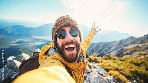Handsome man taking selfie picture on top of mountains - Happy hiker smiling at camera trekking outside - Traveler lifestyle, hiking and sport concept, Generative AI