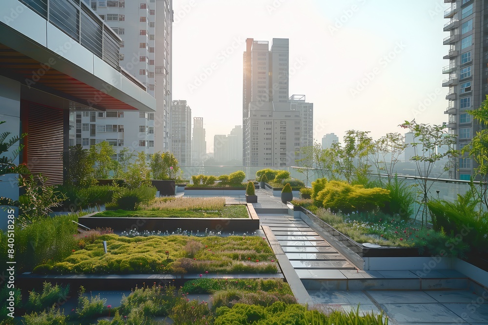 View of Foto de Eco-friendly rooftop garden in city. Carbon reduction and ...