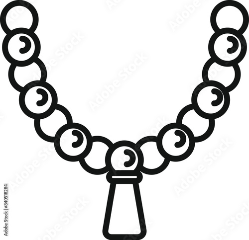 Black and white vector image depicting a simplistic beaded necklace with a pendant