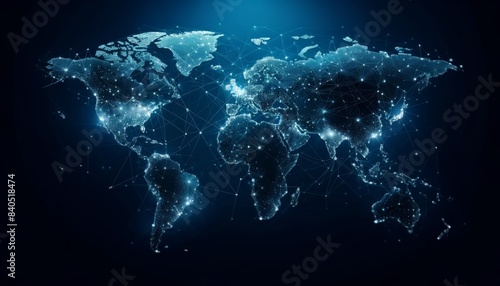 A world map made up of connected dots and lines, representing global networks and communication. 