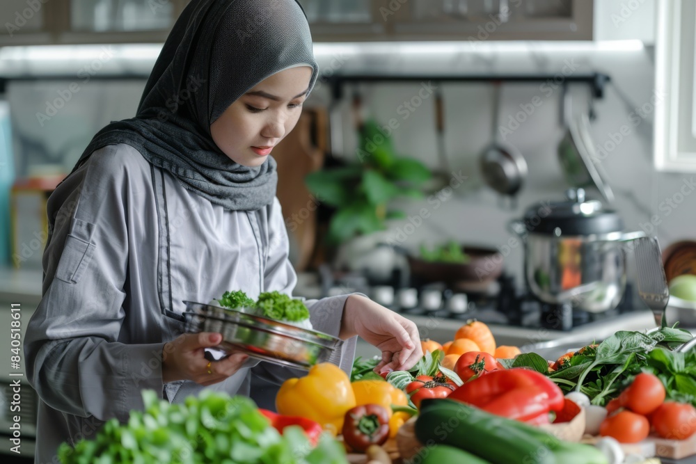 Young Woman in a Hijab As a Food Nutritionist Inspecting Food Produce