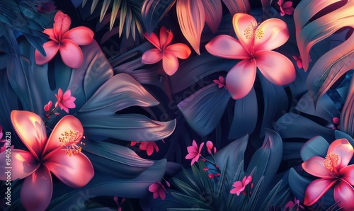 Illustration of tropical wallpaper tropical flowers  palm leaves