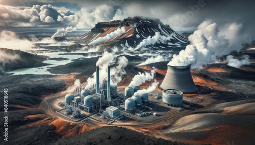 An image of a geothermal power plant with steam rising from the ground, situated in a rugged, volcanic landscape.