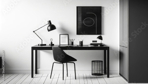 A minimalist modern black and white home office with a black desk and chair, white walls, and a few carefully placed accessories like a desk lamp 