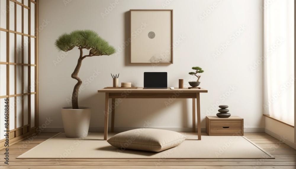 A tranquil minimalist home office with a low wooden desk, a floor cushion for seating, and a few Zen-inspired decor items like a small fountain A tranquil minimalist home office with a low wooden desk, a floor cushion for seating, and a few Zen-inspired decor items like a small fountain