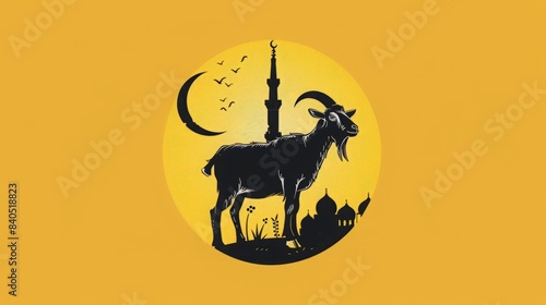 silhouette of goat and mosque in the style of yellow background photo