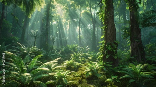 Prehistoric Forest with Dinosaurs Roaming Among Ancient Ferns and Conifers