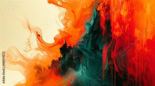 Contrast of Hell Paradise: Abstract Digital Illustration of Fiery Inferno and Serene Paradise with Minimalist Design Emphasizing Juxtaposition photo